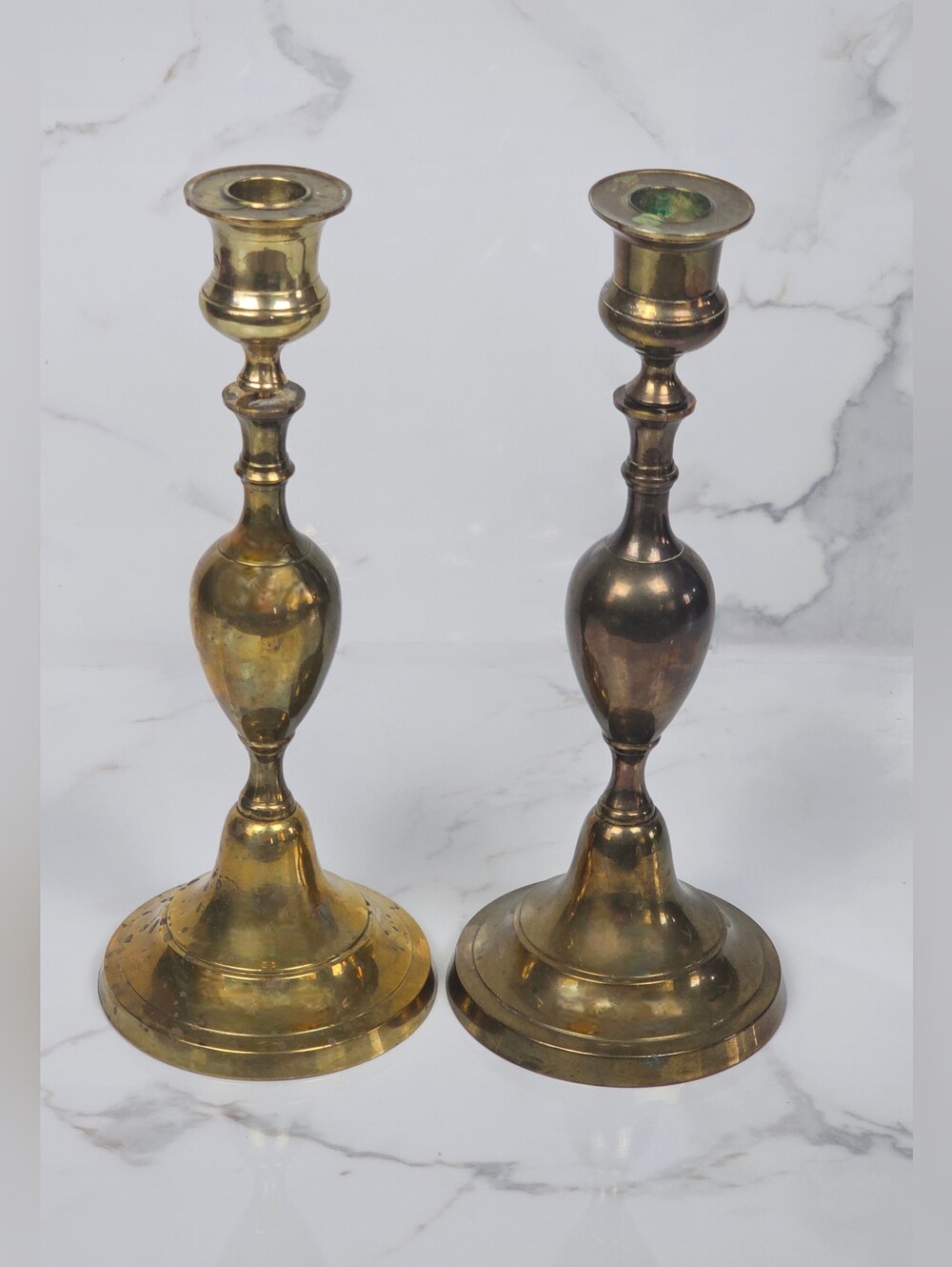 Vintage Brass Candlestick Holders Pair 11" Tall Baluster Turned Solid Brass
